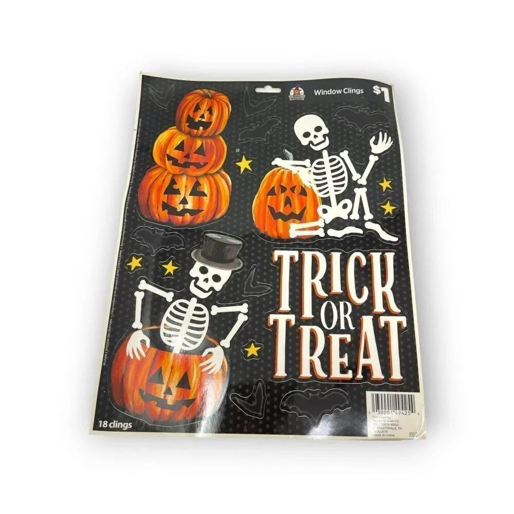 Vintage Halloween Print Window Clings Trick or Treat Ghost Pumpkin Gnomes Skelly